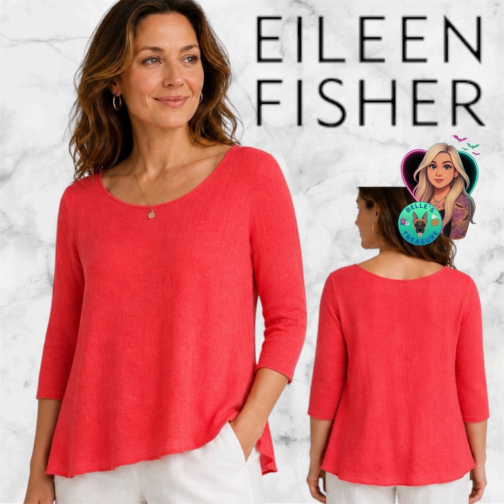 Eileen Fisher Womens Small Coral Pink 100% Linen‎ Knit Scoop Neck 3/4 Sleeve Top